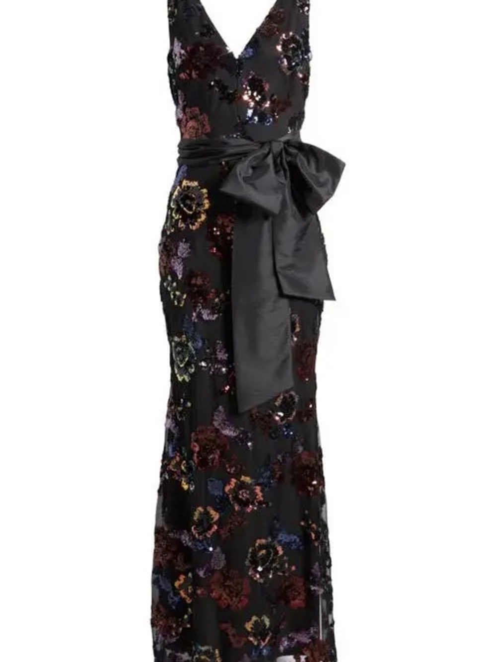 Embellishment Dark Floral Sequin Maxi Dress Satin Bow Waist V-Neck - Picture 7 of 9